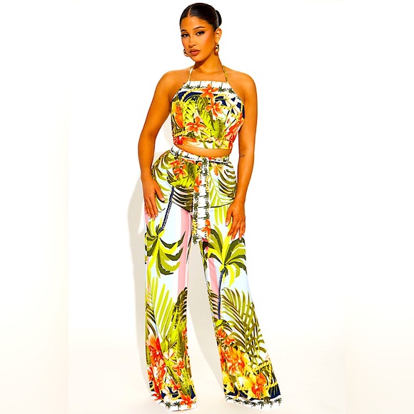 Fashion Nova Tropical Halter Top and Pants Set - Picture 1 of 3